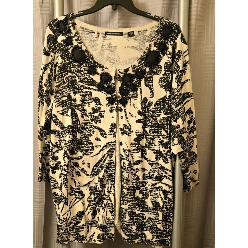 Michael Simon Womens Floral Beaded Cardigan‎ Sweater 3X White Black Silk Blend